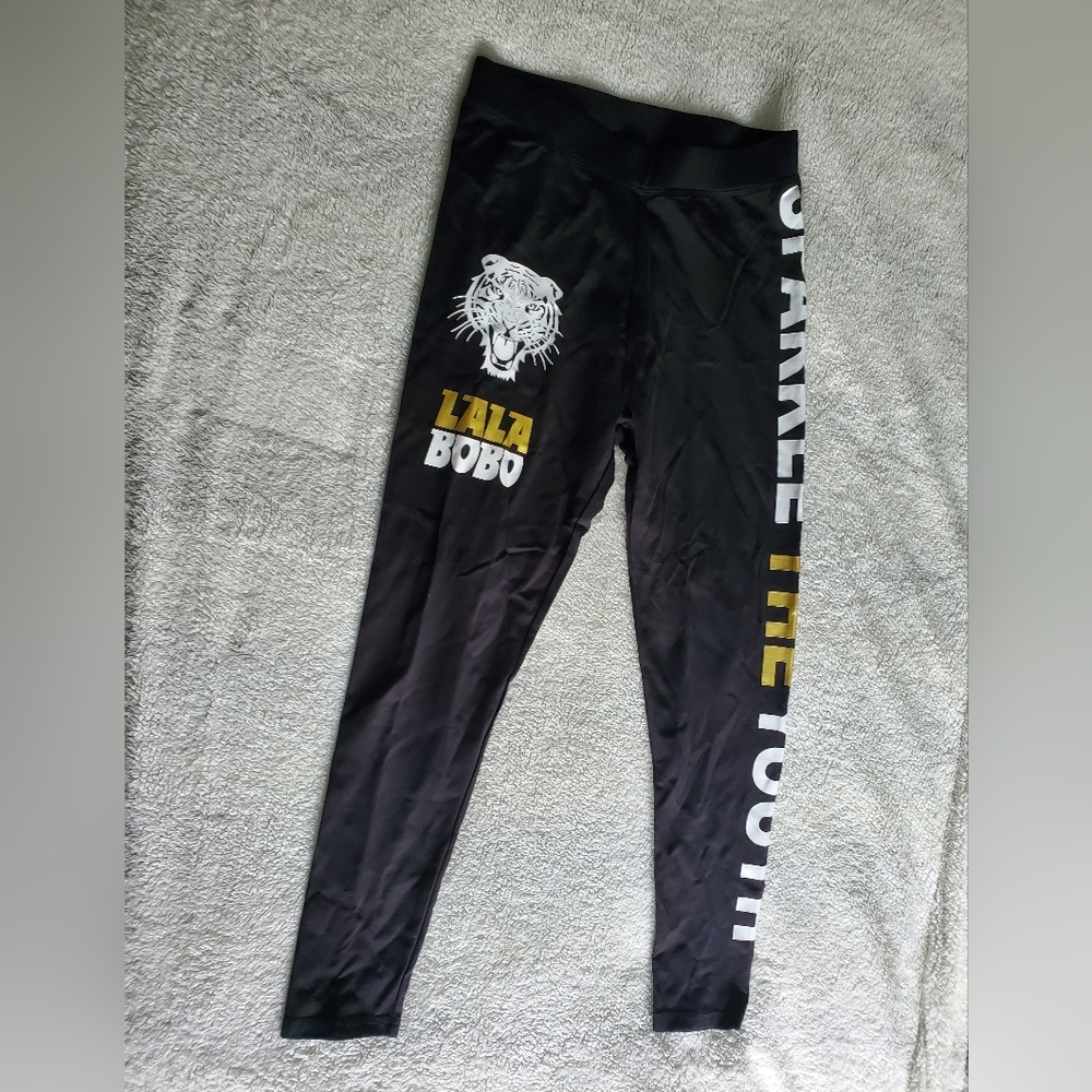 LALA BOBO Leggings Size Large Black/Gold Tiger Logo Streetwear